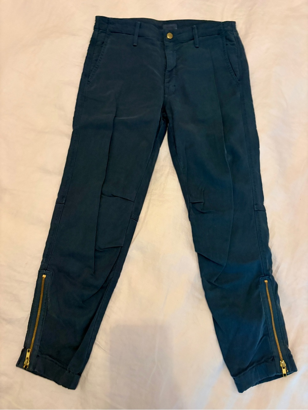 MOTHER Dark Teal/Blue Cargo Pant with Gold Zippers and Elasticized Ankle Cuffs